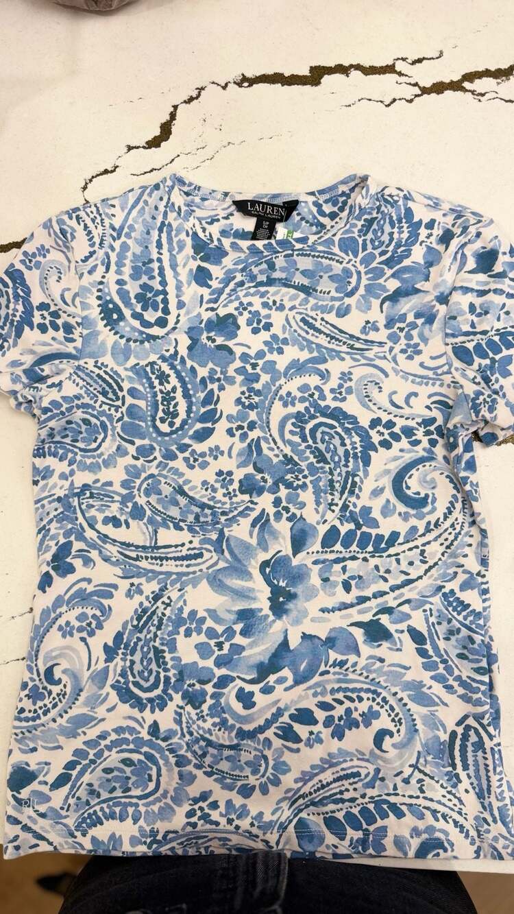 Lauren Ralph Lauren Paisley Boatneck T-Shirt Size S/P Blue White